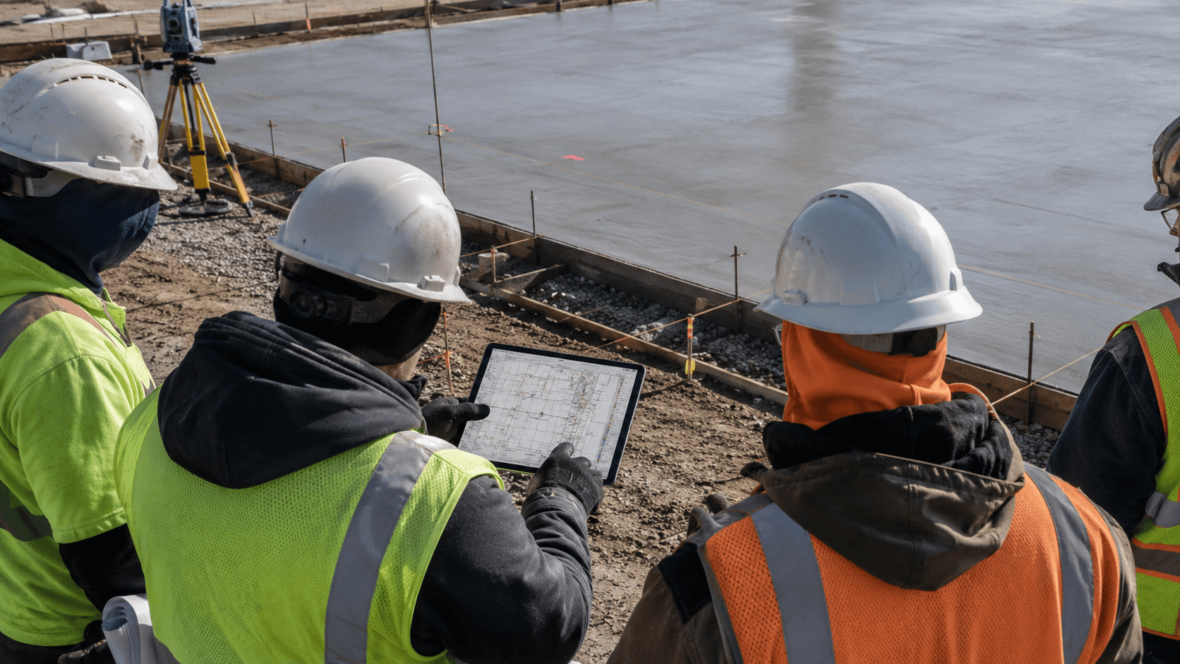 Construction team reviewing slab survey drawings on a tablet beside a freshly poured concrete slab.